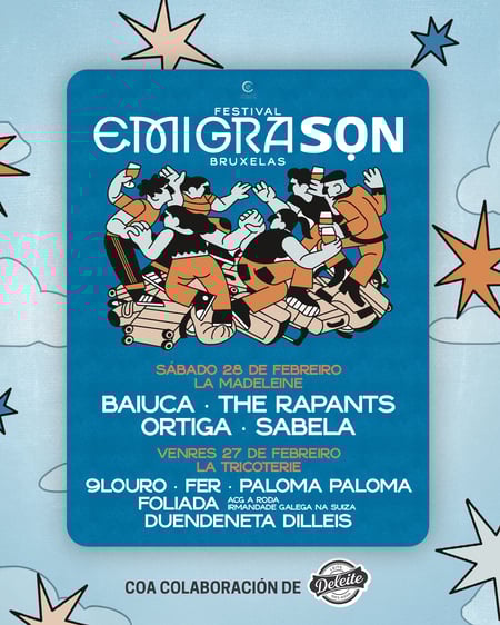 FESTIVAL EMIGRASON. BRUXELAS. DELEITE GALEGO. VIAXE. MÚSICA GALEGA Baiuca, Ortiga, The Rapants, Sabela, Paloma Paloma, 9Louro, Fer, Duendeneta Dilleis 2